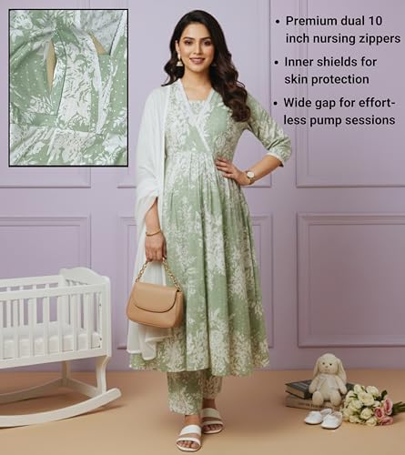 Image of DUMMY SHAPE Maternity Dresses for Women Cotton | Floral Kurta Pant Dupatta Set with Nursing Zippers, Side Pocket | Pre & Post Pregnancy | Feeding Kurti Suit | Baby Shower | Gifts for Pregnant Woman