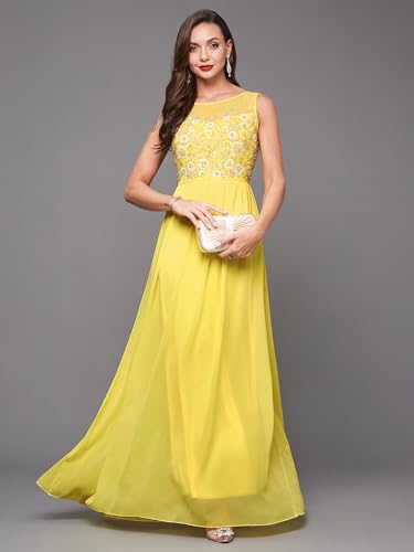 Image of Miss Chase Women's Round Neck Sleeve Embellished Fit Flare Maxi Dress