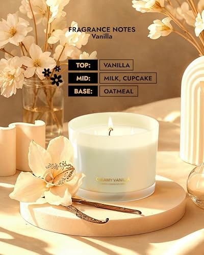 Image of 96NORTH Creamy Vanilla Scented Candles | Large 3 Wick Jar Candle | Up to 40 Hours Burning Time | 100% Natural Soy Wax | Relaxing Scented Candle for Home | Gift-Ready Luxury Candle for Men & Women