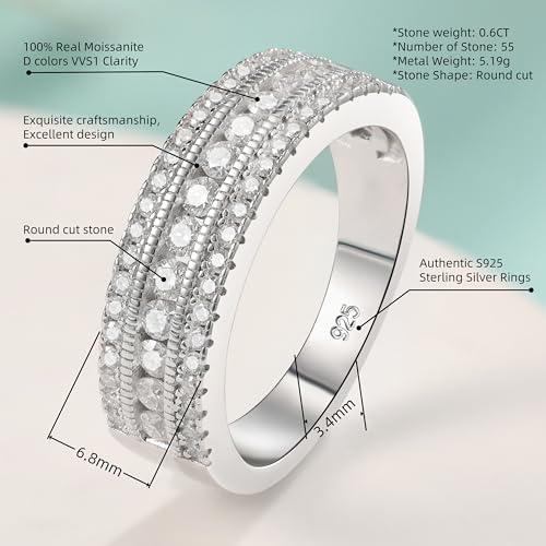 Moissanite Wedding Band Eternity Rings for Women Round Cut 925 Sterling Silver Engagement Anniversary Size 5-102