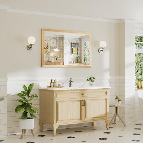 Image of 48x30 Inch Bathroom Mirror for Wall, Anti-Rust Oak Wood Grain Metal Framed Bathroom Mirrors for Over Sink,Rectangler Mirrors for Bathroom Vanity, Farmhouse, Bedroom, Living Room, Entryway Decor