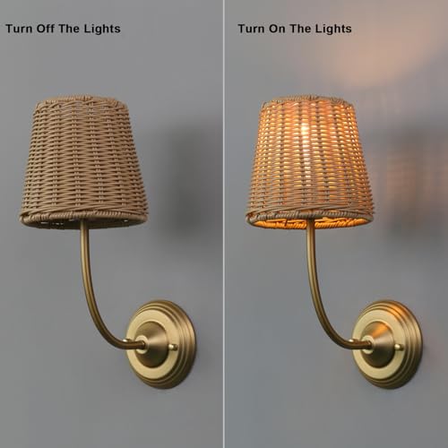 Image of Yosoan Rattan Boho Wrapped Wall Sconce Light, Indoor Hardwired Gold Hand-Woven Farmhouse Vintage Wall Lamp, Brass Handmade Shade Wall Mount Fixture for Reading Bedside Bedroom Nursery Rustic(Antique)