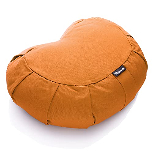 BODYMATE Halbmond Yogakissen 42cm lang 30cm breit und 15cm hoch Orange mit Buchweizen-Spelz Füllung – Maschinenwaschbarer Bezug aus 100% extra Dicker...