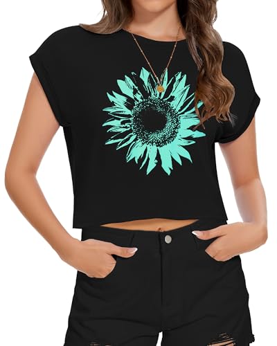 Image of Womens Crop Tops Summer Roll Cap Sleeve Cropped Tshirt Loose Fit Basic Tees
