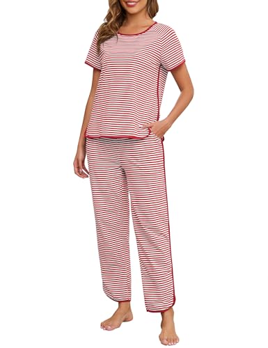 Image of Womens Pajama Sets Cotton 2 Piece Lounge Set Stripe Short Sleeve Pj Set Comfy Loungewear Sleepwear with Pockets