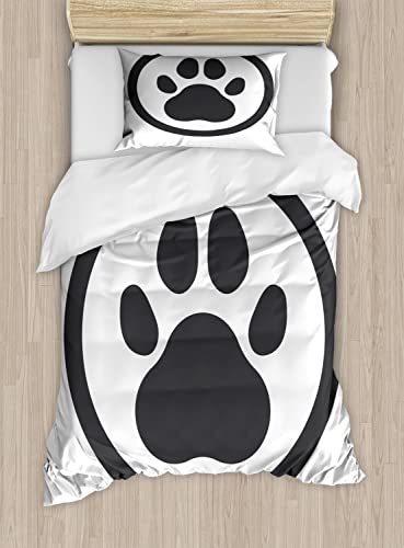 Ambesonne Dog Paws Duvet Cover Sets, Logo of a Pet Foot Print on Plain Background Symbolic Pet Care Design, Bedding Set with 2 Duvet Covers 4 Pillowcases, 2 Pack Cal King Size, Dark Grey and White