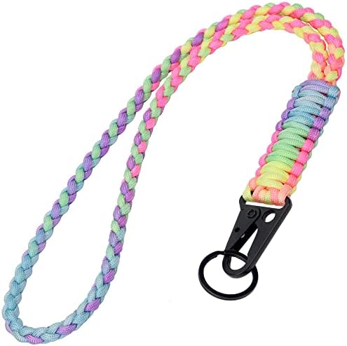 LAREDTREE Heavy Duty Paracord Lanyard Keychain, Paracord Necklace Cell Phone Keychain Whistles Wrist Braided Strap for Men Women Outdoor Activities, Camera, Traveling(Bright Rainbow)
