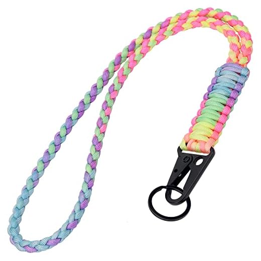 LAREDTREE Heavy Duty Paracord Lanyard Keychain, Paracord Necklace Cell Phone Keychain Whistles Wrist Braided Strap for Men Women Outdoor Activities, Camera, Traveling(Bright Rainbow)