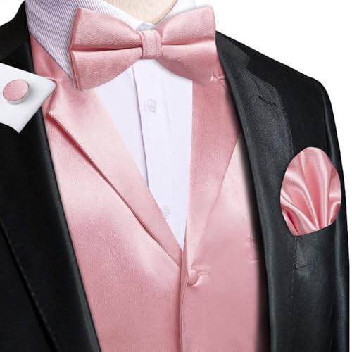Dubulle Mens Satin Vest and Tie Solid Suit Waistcoat and Pre-tied Bowtie Set for Men Lapel Pin Wedding Party4