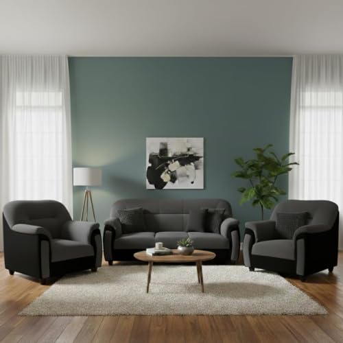 Image of Torque - Ruben 3+1+1 Seater Sofa Set for Bedroom Hall (Black) | Comfortable 5 Seater Fabric Sofa Set with 2 Cushions for Living Room Festival Gift | 1 Year Warranty