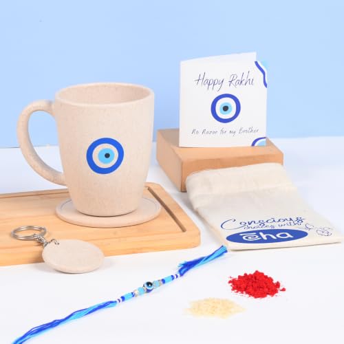 Image of Eha Earth Friendly Rakhi Gift for Brother Made with Rice Husk | Set of 1 | Rakhi Set for Brother | Printed Mug & Evil Eye Rakhi Hamper | Gift for Rakshabandhan