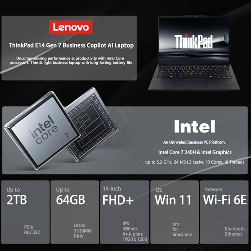 Image of Lenovo ThinkPad E14 Gen 7 Business Laptop, 14 inch FHD+ Touchscreen, Intel Core 7 240H, 16GB DDR5, 512GB SSD, Fingerprint, Backlit, HDMI, 1080p Webcam, Wi-Fi 6E, Windows 11 Pro, Bundle w / 7-in-1 USB-C Hub