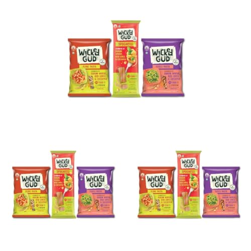 Image of WickedGud 2X Fiber Spaghetti, Penne & Fusilli Pasta Combo | No Maida | Durum Wheat Semolina | Brown Rice | Red Lentils | Healthy Diet Pasta - 400gm x 3 (Pack of 3)