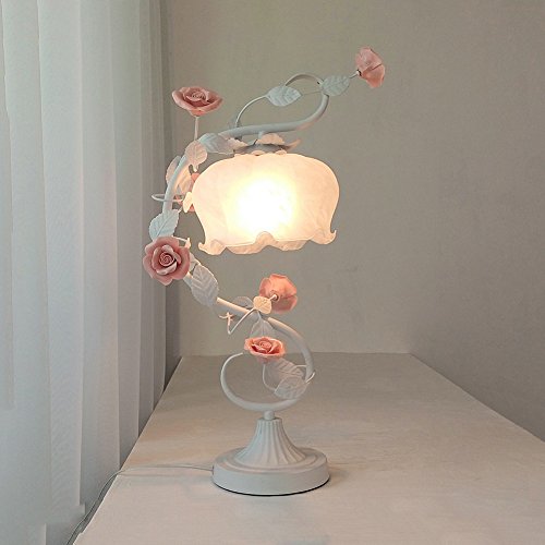 Wshfor Lampe De Table De Style Européen Chambre Lampes De Chevet Lampes De Salon Lampe D'étude Fer Forgé Blanc Créatif Belle Fleurs Rouges