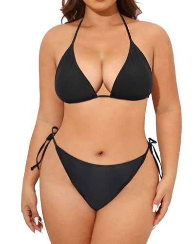 Tempt Me Women Plus Size Triangle Bikini String Two Piece Halter Tie Side Swimsuit