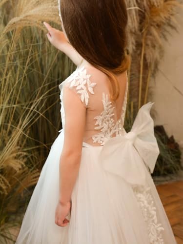 Lace Applique Flower Girl Dress for Wedding Tulle Bow Knot Ball Gowns Sleeveless V-Back Princess Birthday Short Dress3