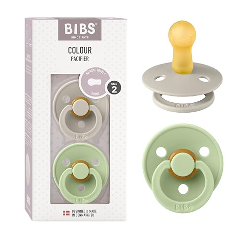 Image of BIBS Colour Baby Pacifier 2-Pack | Made in Denmark | BPA Free Dummy Soother, Round Nipple. Natural Rubber Latex, Size 2 (6-18 Months), Sand/Pistachio | Natural Rubber | BPA-Free | Danish Design | Airflow Holes | Comfort Shield