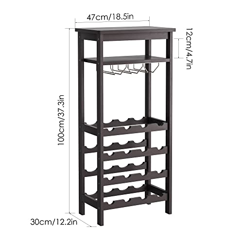 Fotosok Bamboo Floor Wine Rack, Freestanding Wine Bottle Organizer Shelves With Glass Holder Rack,16 Bottles, Wobble-Free Wine Display Storage Stand With Table Top For Kitchen Dining Room, Espresso #TOP1