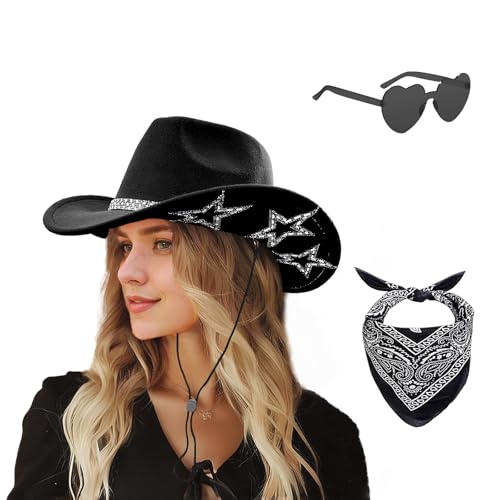 SHENYI Cowgirl Hat and Bandana and Heart Sunglasses Glitter Rhinestone Star Cowboy Hat Western Sparkly Hats for Women Men (US, Alpha, One Size, Medium, Black)