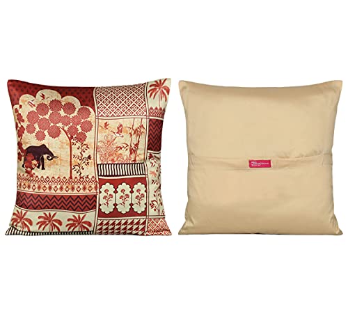 Image of India Circus by Krsnaa Mehta Ancient Haathi Multicolor Satin Blend Cushion Pillow Covers Set of 5 (16 x 16 Inches)