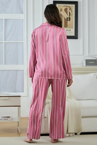 Image of YiNi LuLu Womens Silk Satin Pajamas Set Button Down 2 Piece Pjs Long Sleeve Oversized Sleepwear with Pockets