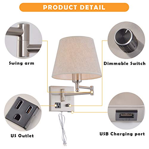 Bedside Wall Mount Light With Dimmable Switch And Outlet, Swing Arm Fabric Shade Wall Sconce Light With Usb Port And Plug In Cord, Satin Nickel Wall Lamp For Bedroom, Living Room And Hotel #TOP3