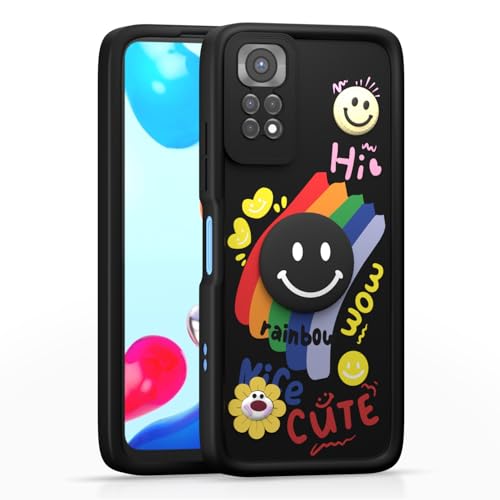 Image of Pikkme Back Cover for Redmi Note 11 / Note 11s | Soft Silicone| Cute Rainbow Smile & 3D Cartoon Flower Design | Shockproof Raised Camera Protection Bumper Case (Black)