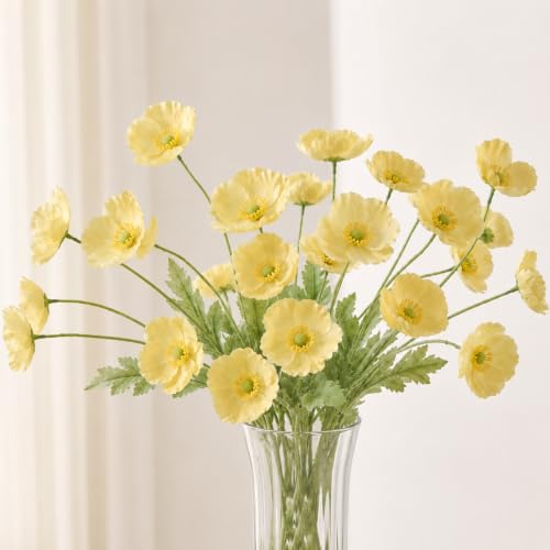 Image of CURATED CART Artificial Flowers Bunch of 2 Poppy Yellow Flowers, 70cm Real Touch Fabric Flowers with Stems, 4 Blooming Heads, Fake Flowers for Home Decor, Party, Wedding, Party Decorations