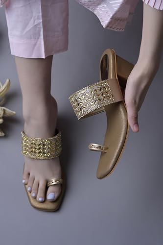 Image of JM LOOKS Women's Embellished Ethnic Heels Sandal with Toe Ring Design Comfortable Lightweight Heels for: Weddings, festive occasions.