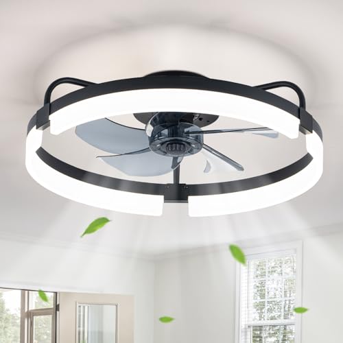 POWROL Deckenventilator mit Beleuchtung 50CM Wendemotor DC Deckenventilator Leise 6 Gänge Dimmbarer 3 Farben LED Deckenlampe mit Ventilator für Schlafzimmer Küche Esszimmer Büro (Schwarz)