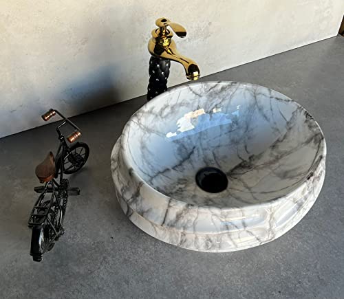 Image of Designer Glossy Finish Ceramic Art Table Top Wash Basin For Bathroom | Collapsible Countertop Washbasin (Black White Glossy Art, 16 x 13 x 6 Inch)