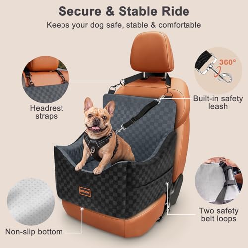 Image of JOEJOY Elevated Dog Car Seat for Small /Medium Dogs up to 35 lbs, Memory Foam Booster Seat with Detachable Washable Cover, Travel-Safe Car Bed with Safety Belts & Storage Pockets, Dark Grey
