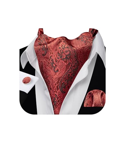 Image of Barry.Wang Ascot Ties Cravat Tie Men Paisley Plaid Scarf Self Tie Pocket Square Cufflinks Set Wedding Party