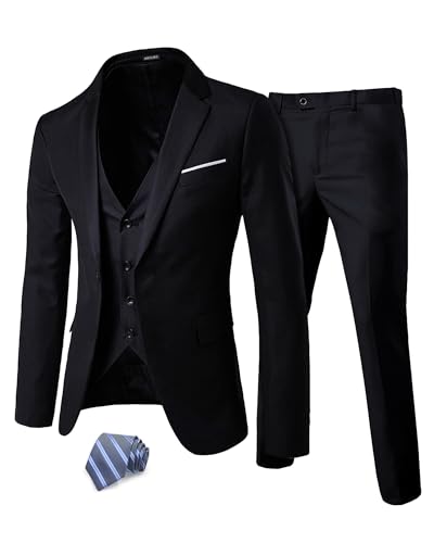 MrSure Men's 3 Piece Suit Blazer, Slim Fit Tux with One Button, Jacket Vest Pants & Tie Set for Party, Wedding and Business Black