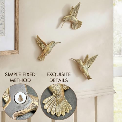 Image of GUSFREUD 3D Hummingbird Wall Decor Set - Brass Resin Bird Wall Decor for Living Room, Bedroom and Gallery Walls - Vintage Gold - Set of 3
