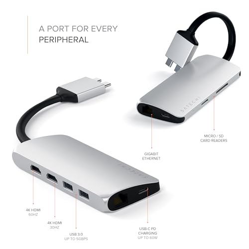 Hub Dual USB C Satechi de Aluminio Plata con Doble HDMI 4K y Lector de Tarjetas SD 2