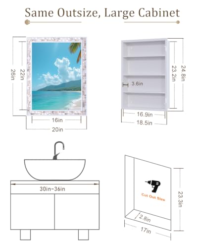 Image of 20 inchx26 inch Hand-Inlaid Natural Shell White Medicine Cabinet Mirror for Bathroom, Bedroom, Living Room, Entryway, Easy to Install Left or Right Opening Bathroom Wall Cabinet Recessed and Surface Mount