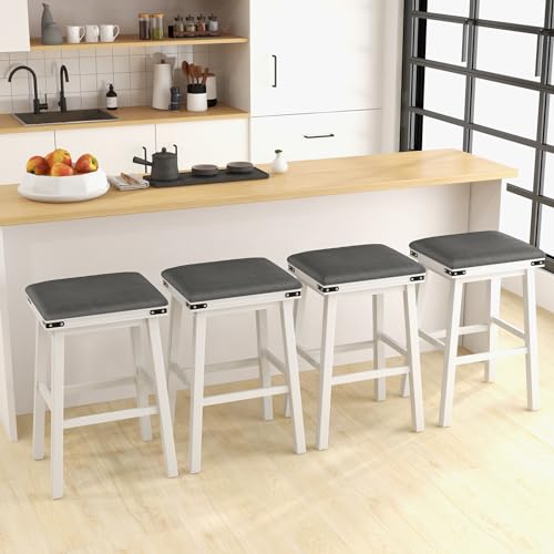 Butacos de barra GOFLAME de 30", juego de 2 unidades, con asiento acolchado y estructura de madera de caucho y acacia, para cocina, comedor y restaurante, color blanco miniatura 4