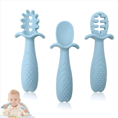 SoeUyd 3 Pezzi Cucchiaino Svezzamento,Cucchiaio Didattico per Bambini in Silicone,Cucchiaio Svezzamento,Consigliato da Nutrizionisti e Esperti di Svezzamento,Apprendimento Complementare Bambini