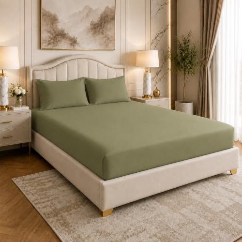 Image of LINENWALAS 100% Cotton Fitted Bedsheet, 400tc Long Staple Imported Egyptian Cotton, Premium Bed Sheet with Pillowcase for Queen Bed All-Around Elastic for 4-8 Inch Mattresses (60 inch x78 inch, Moss Green)