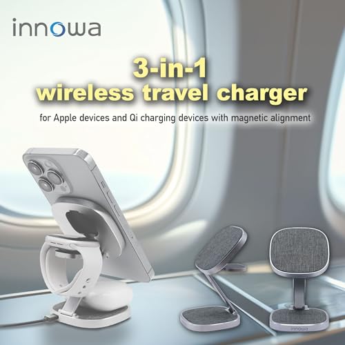 innowa 3-in-1 Wireless Travel Charger for Apple Devices - Fast Charging, Travel-Friendly, Adjustable, Safe, Durable Design (without Adapter)