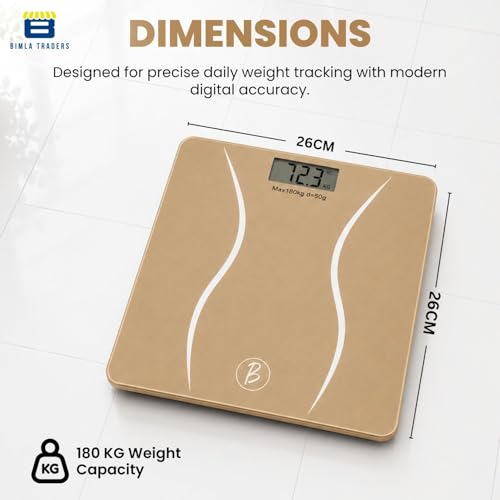 Image of Btag Premium Digital Body Weight Scale | 26x26 cm Wide Platform | Clear LCD Display | Anti-Skid Base | 180 kg Capacity S-Shape Design (Camel)