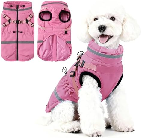 Norbi Dog Jacket with Harness Built in, Reflective Water-Resistant Windproof Winter Coat for Small Medium Dogs, Adjustable Warm Puppy Clothes, Easy to Put On, for Walking Safety