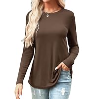 Aottori Maglietta Donna Girocollo Elegante Maglia Cotone Manica Lunga Basic T-Shirt Leggero Top Elasticizzato Casual Tee Shirt Tinta Unita Primavera Marrone XXL