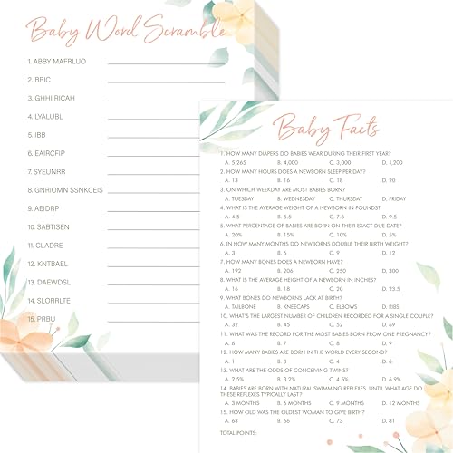 55PCS Baby Shower Games, Word Scramble & Trivia Facts with Answer Keys Double-sided Game Card Fun Baby Shower Party Games Gender Neutral for Girls or Boys
