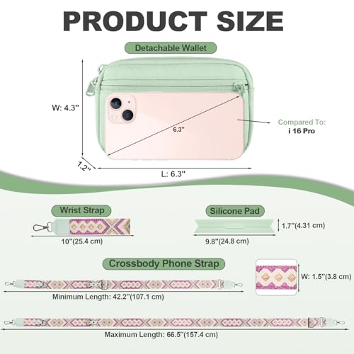 Image of YFWE Clip and Go Strap for Phone with Wallet Crossbody, Adjustable Phone Lanyard with Detachable RFID Wristlet Wallet, Pattern Strap, Green (M)