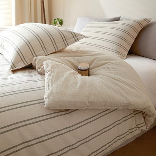 Image of Cyusri Cotton Stripe Full Comforter Set - Soft Lightweight Bedding 3 Pieces Dyed Bed Set with 2 Pillow Shams,Reversible All Season Farmhouse Down Alternative(Full Size 80 inchx90 inch Beige)
