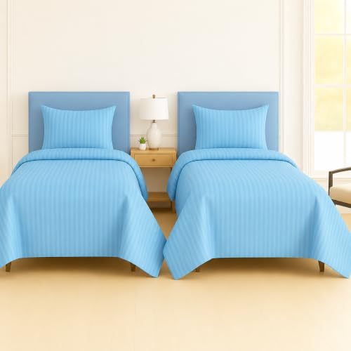 Image of DECOR2ADMIRE 300 Thread Count Premium Glace Cotton Plain Stripe Single Bedsheet with One Pillow Cover (60 inch x 90 inch) (Aqua Blue, Pack of 2)