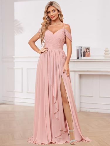 Chiffon V Neck Bridesmaid Dresses for Women Ruffled Flutter Sleeve Formal Evening Gown with Slit2