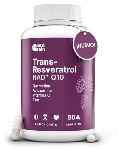 Trans-Resveratrol, NAD+, Coenzima Q10, Quercetina, Astaxantina, Vitamina C & Zinc | Antioxidante, Antiedad & Refuerza las Defensas | 90 Cápsulas | Fórmula Avanzada 7 Activos Sinérgicos | 3 Meses